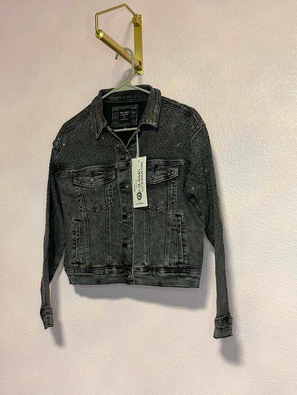Nina Rossi Jeans Denim Jacket Size M Gray Rhinestone Studded C03-3